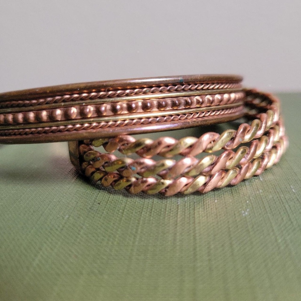 Vintage Mixed Metal Copper Brass Magnetic Cuff Bracelet Set Size Medium Western